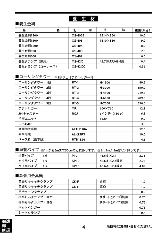 規格・重量表