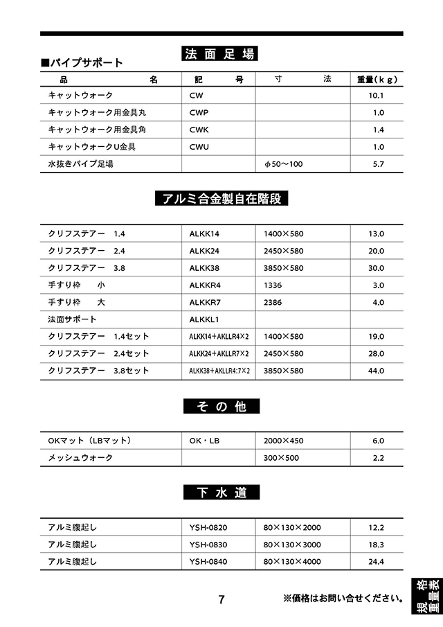 規格・重量表